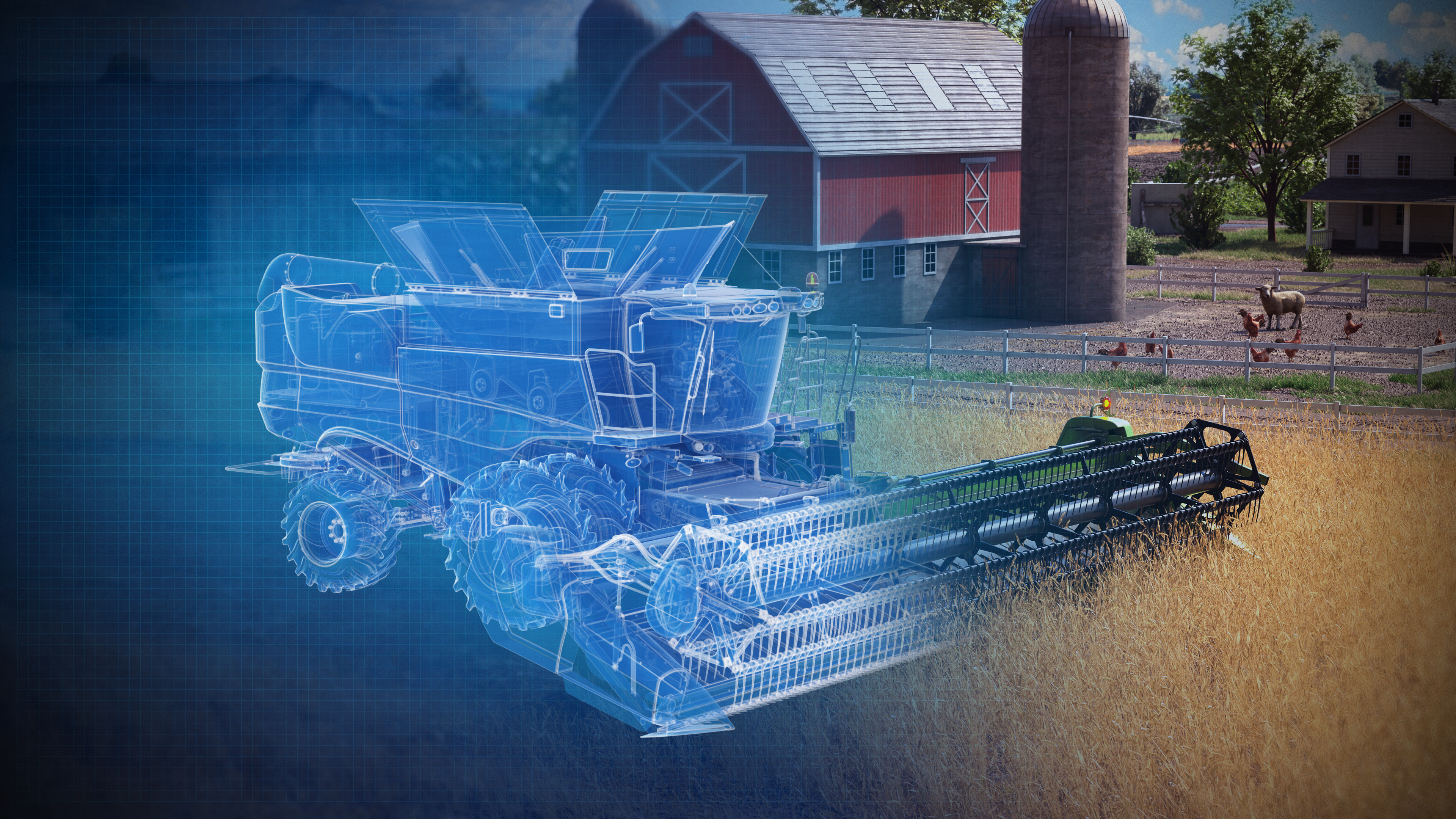 Digital blueprint overlay of combine harvester on working farm with red barn and livestock