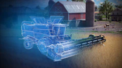 Digital blueprint overlay of combine harvester on working farm with red barn and livestock