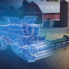 Digital blueprint overlay of combine harvester on working farm with red barn and livestock
