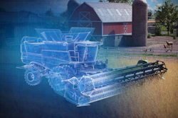 Digital blueprint overlay of combine harvester on working farm with red barn and livestock