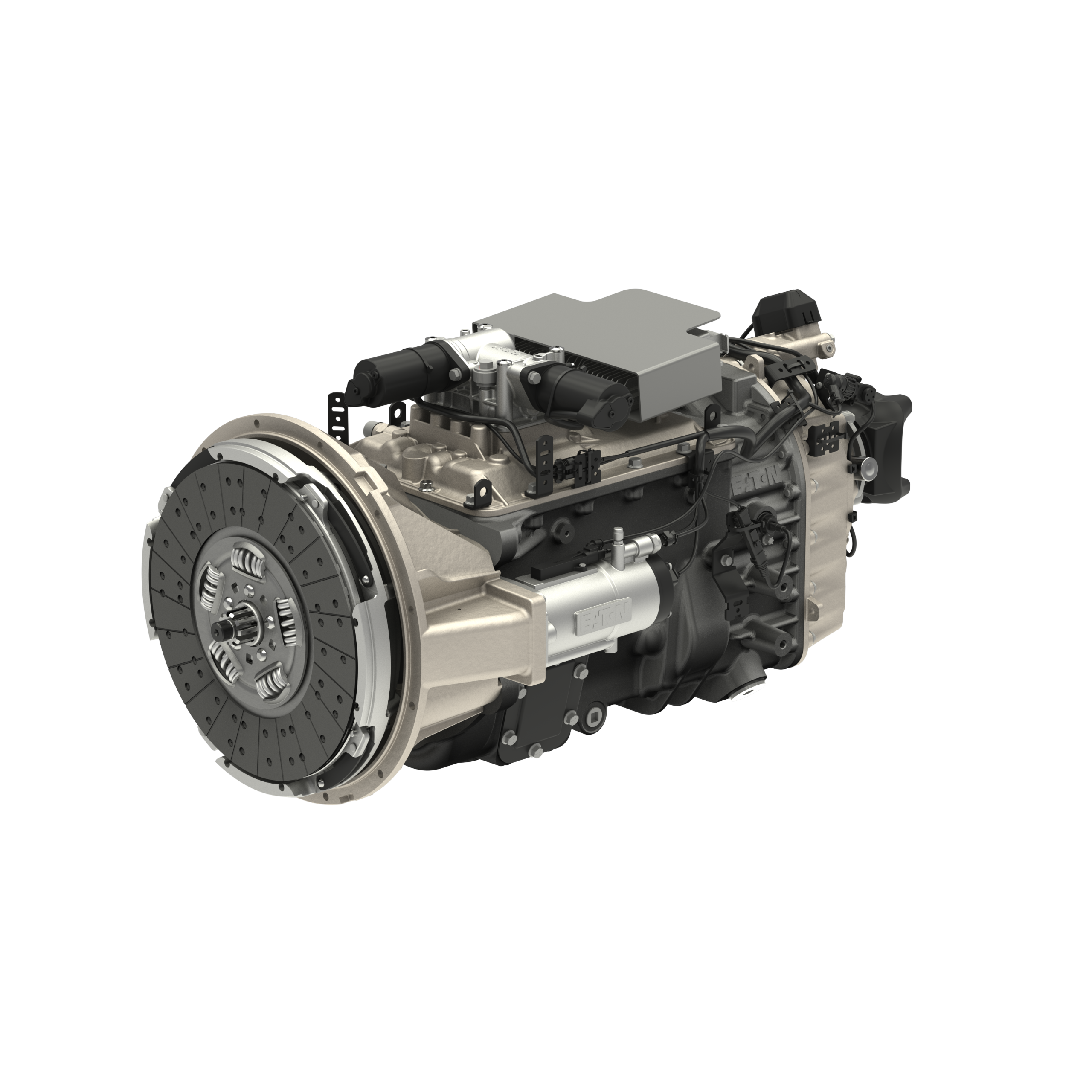 Industrial diesel engine assembly with clutch flywheel and transmission coupling components