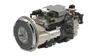 Industrial diesel engine assembly with clutch flywheel and transmission coupling components