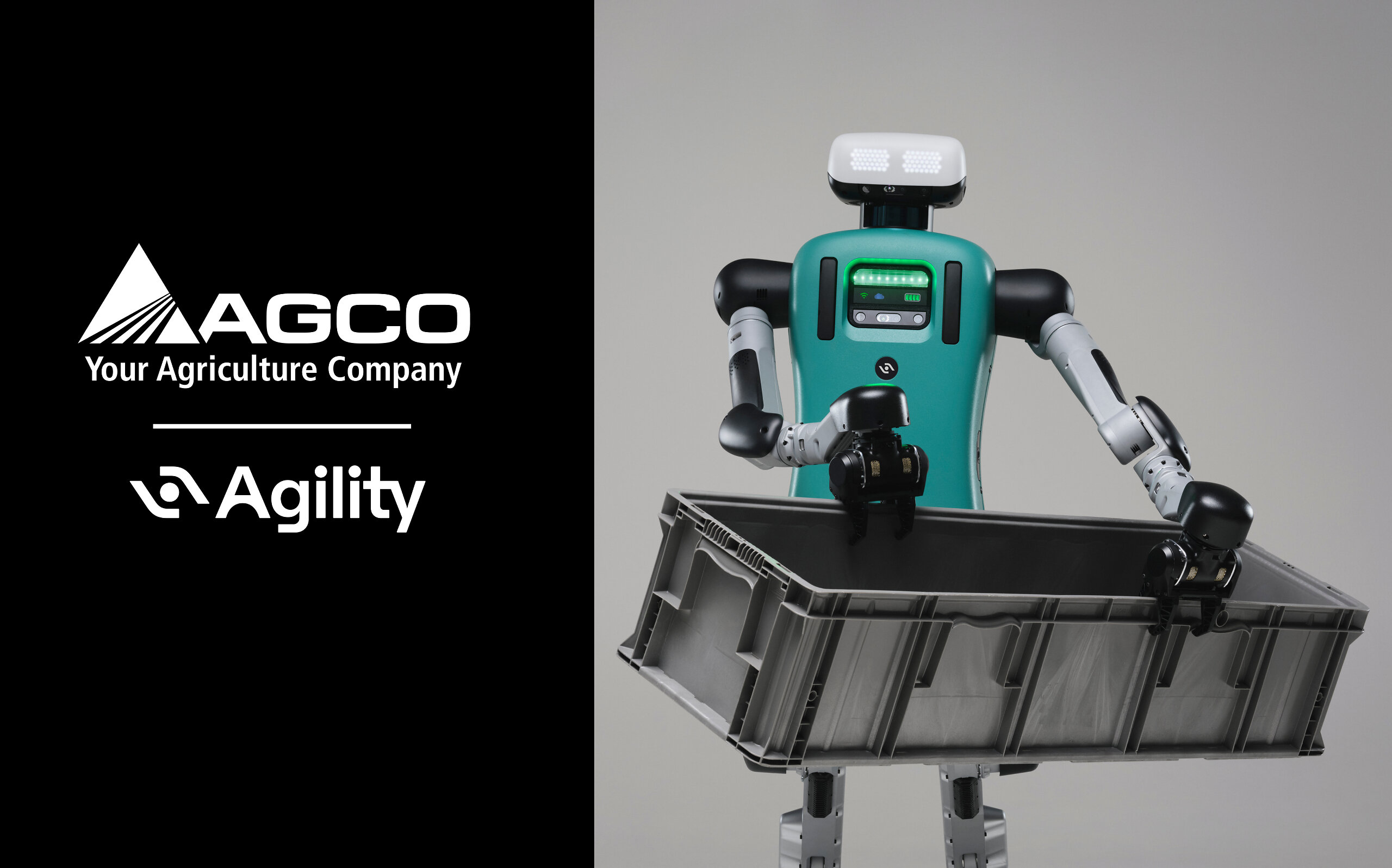 AGCO and Agility robotic agricultural robot with turquoise chassis and black mechanical arms holding farming equipment