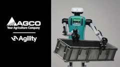 AGCO and Agility robotic agricultural robot with turquoise chassis and black mechanical arms holding farming equipment