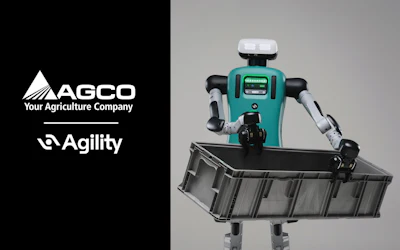 AGCO and Agility robotic agricultural robot with turquoise chassis and black mechanical arms holding farming equipment