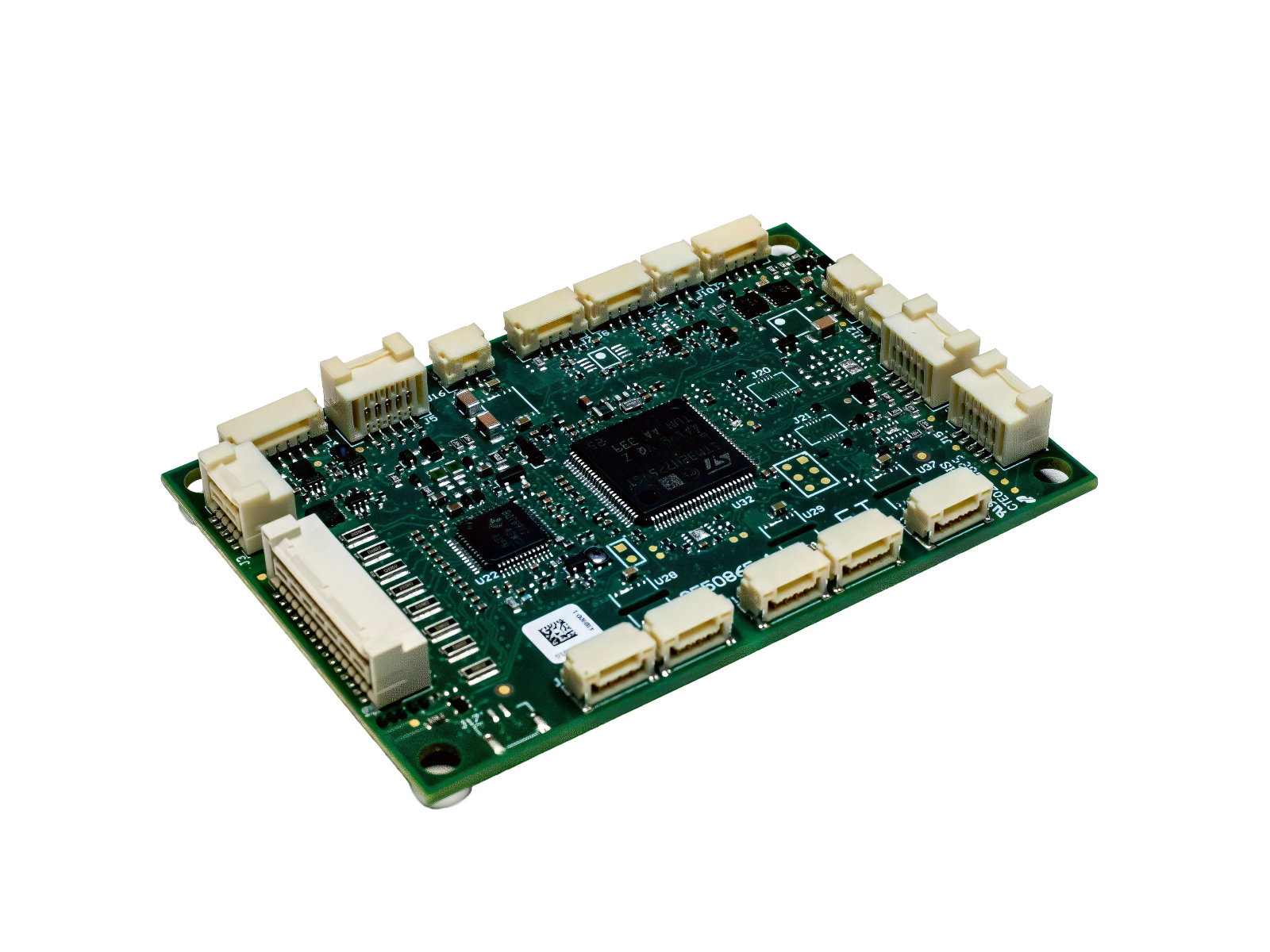 Green printed circuit board with integrated circuits and cream-colored connectors on white background
