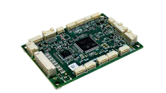 Green printed circuit board with integrated circuits and cream-colored connectors on white background