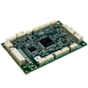 Green printed circuit board with integrated circuits and cream-colored connectors on white background