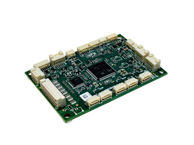 Green printed circuit board with integrated circuits and cream-colored connectors on white background