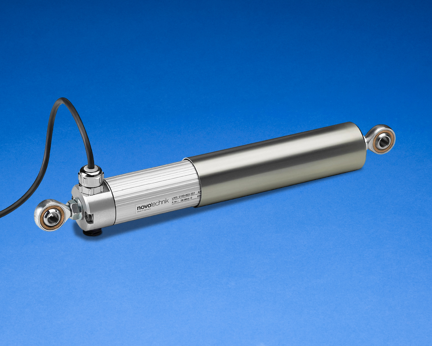 Linear position transducer with silver metal housing, white connector body, and dual mounting brackets on blue background