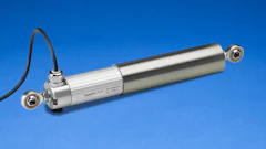 Linear position transducer with silver metal housing, white connector body, and dual mounting brackets on blue background