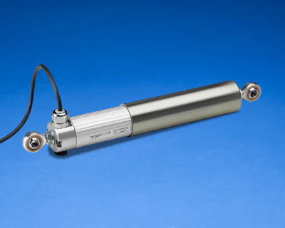 Linear position transducer with silver metal housing, white connector body, and dual mounting brackets on blue background