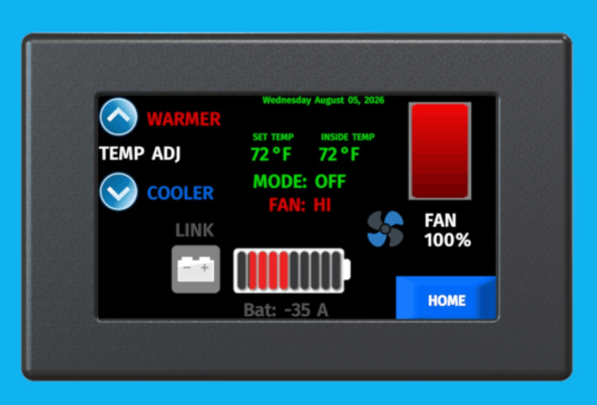 Smart thermostat display showing temperature controls set to 72°F with fan on high mode