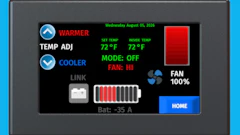 Smart thermostat display showing temperature controls set to 72°F with fan on high mode