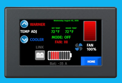 Smart thermostat display showing temperature controls set to 72°F with fan on high mode