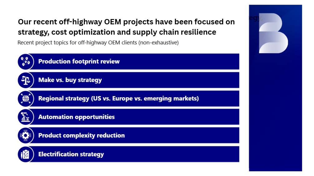 Bain & Company logo with recent OEM project topics including production footprint review, make vs. buy strategy, and regional strategy