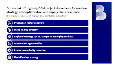 Bain & Company logo with recent OEM project topics including production footprint review, make vs. buy strategy, and regional strategy