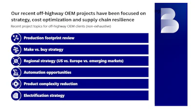 Bain & Company logo with recent OEM project topics including production footprint review, make vs. buy strategy, and regional strategy